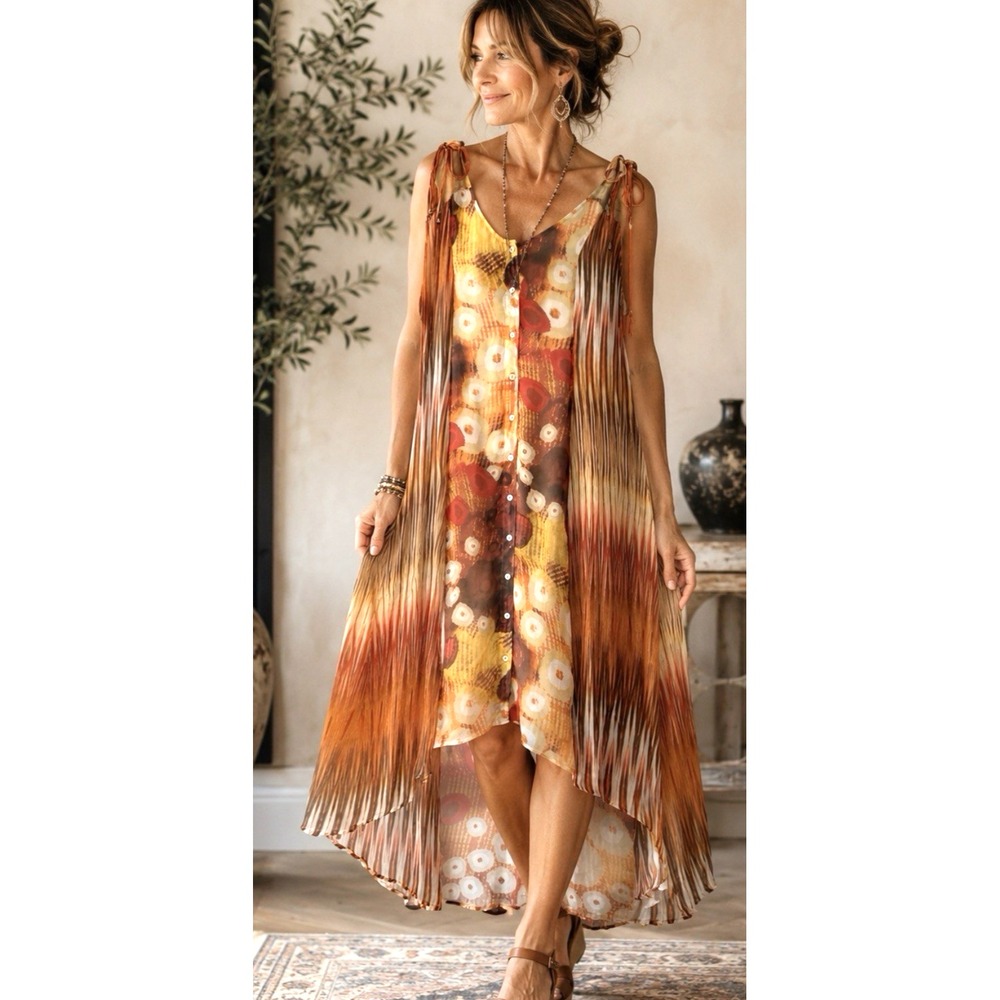Da-Nang Abstract 100% Silk Sleeveless Hi Low Sun Dress Size M Artsy Art To Wear
